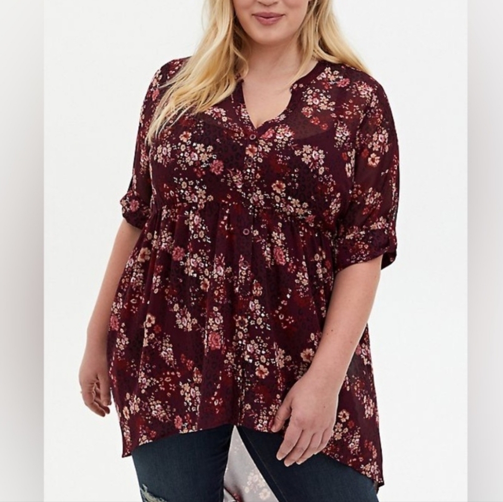 Torrid Lexie Floral Chiffon Hi-Low Button Down V-Neck Tunic Top In Purple Maroon